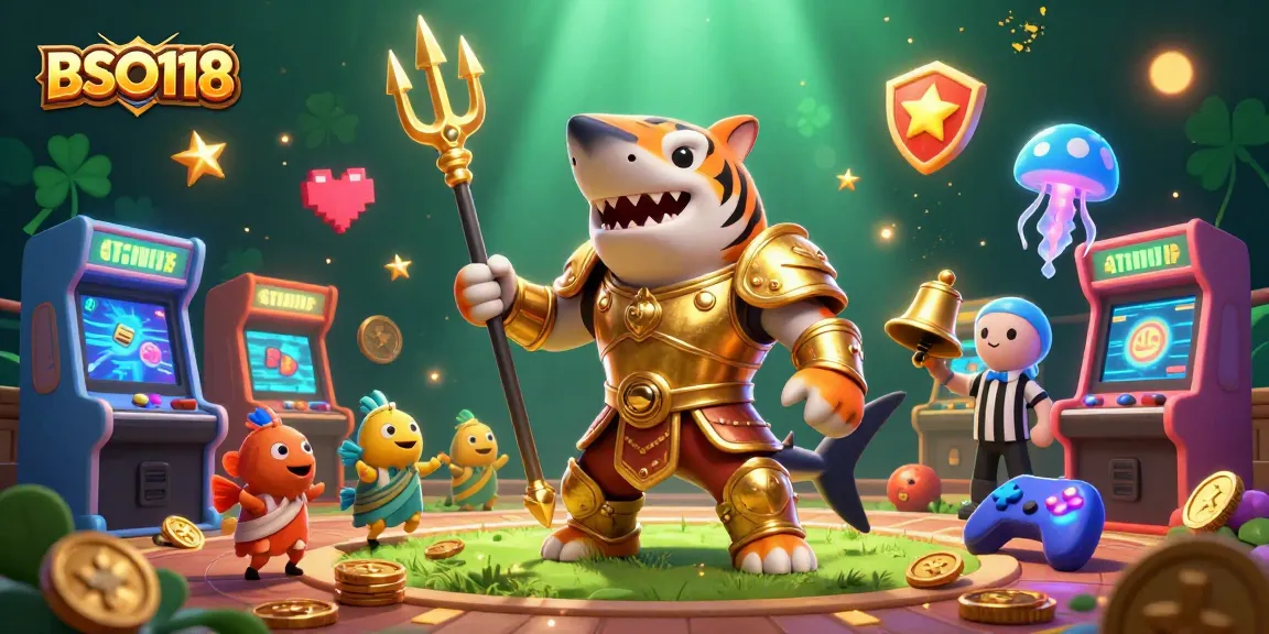 Engage with BSO118's vibrant gaming scene featuring a tiger shark and arcade treasures.