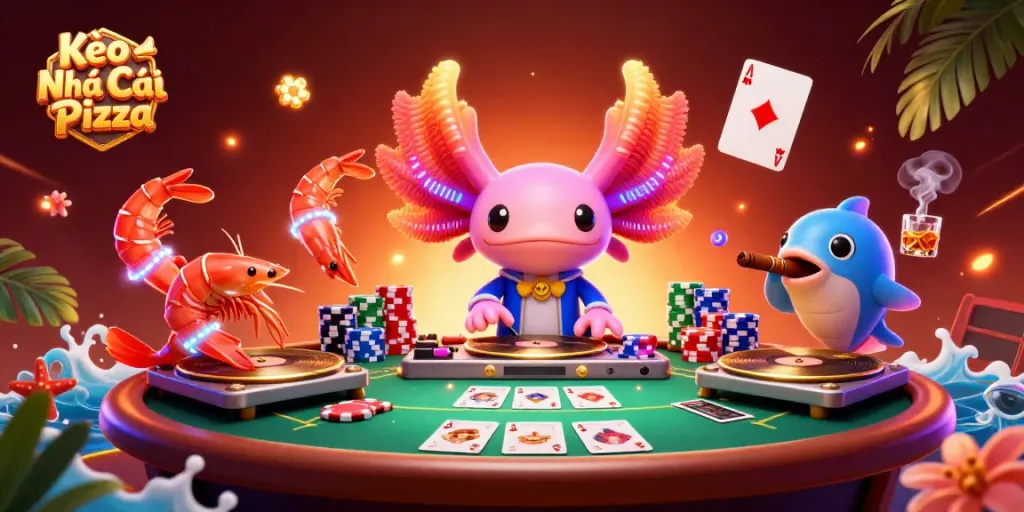 Experience thrilling gaming action with Kèo Nhà Cái Pizza in an engaging 3D casino scene.