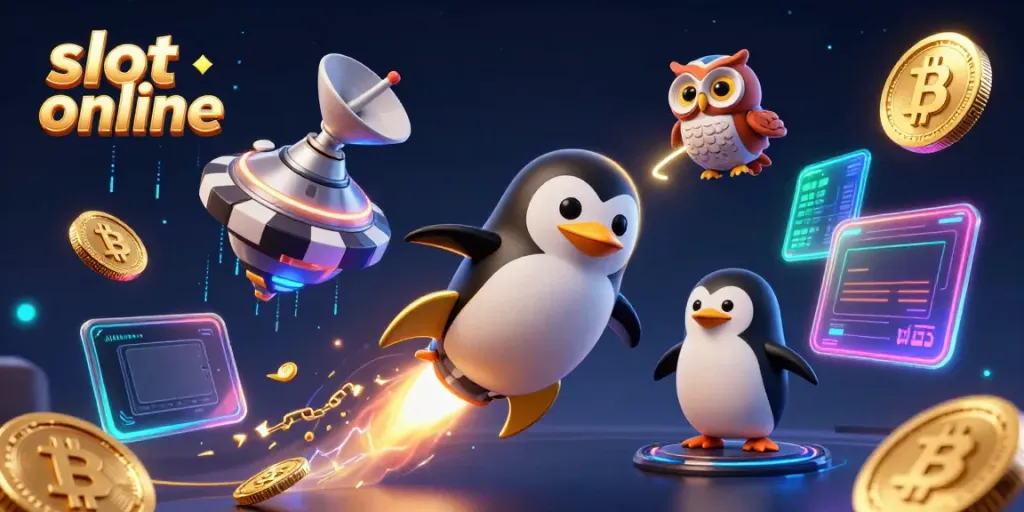 Spin and win with slot online featuring a golden penguin racing through a casino universe.