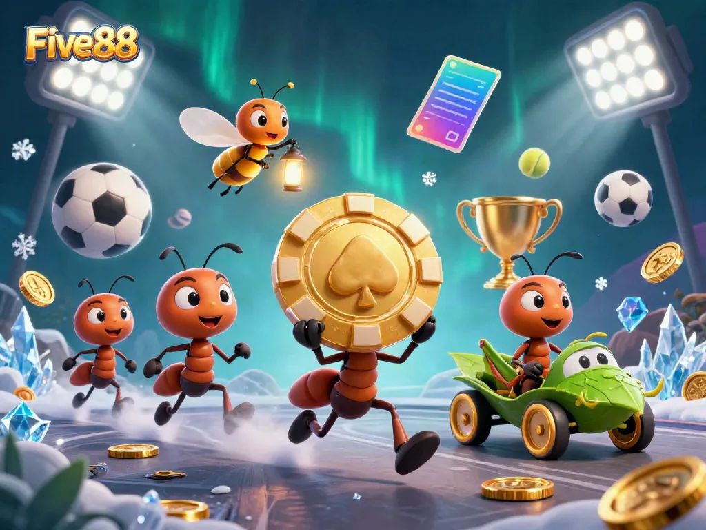 Five88 showcases a dynamic 3D scene with ants heisting a giant poker chip amid sports betting excitement.