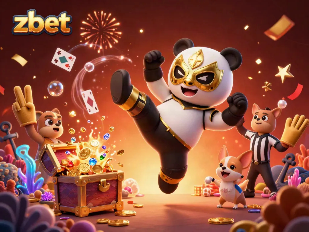 Join the excitement at zbet as the panda wrestler performs a thrilling flying kick surrounded by treasures and cheering animals.