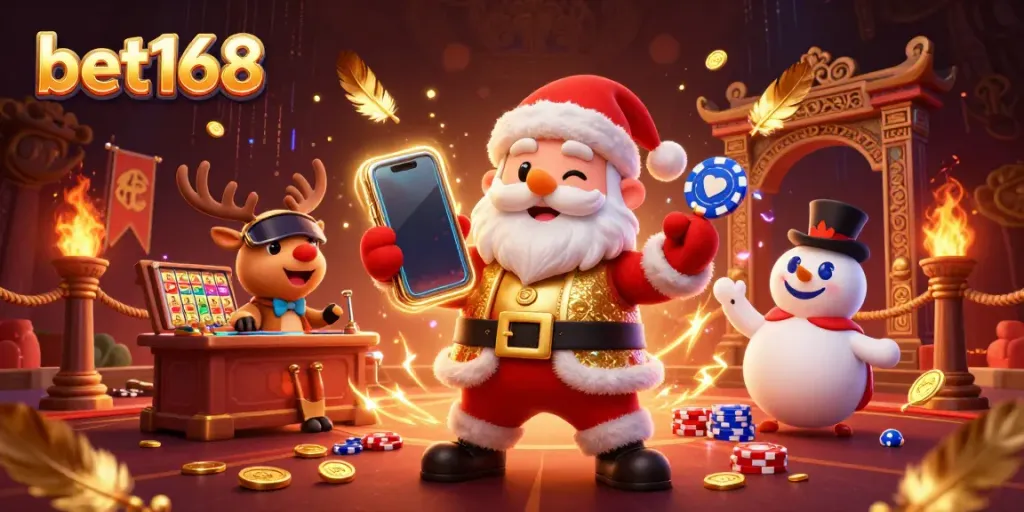 Engage with bet168 in a festive 3D casino scene featuring Santa, a reindeer, and a poker chip snowman.