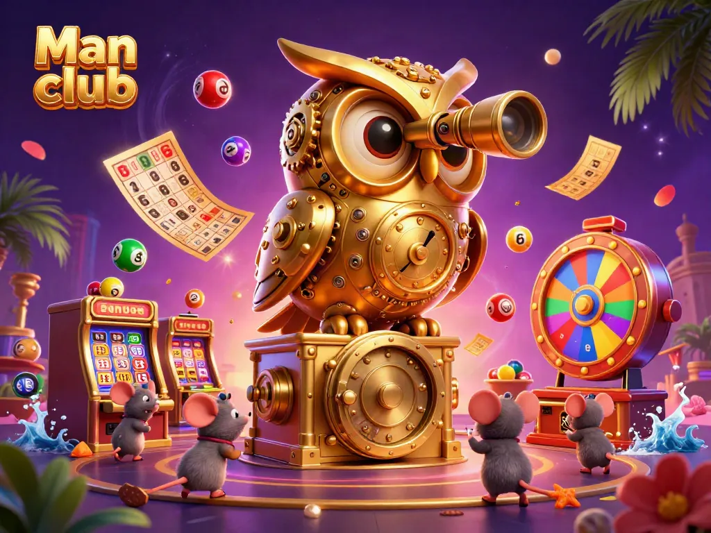 Experience the thrill of the Man club as a golden owl observes vibrant casino games.