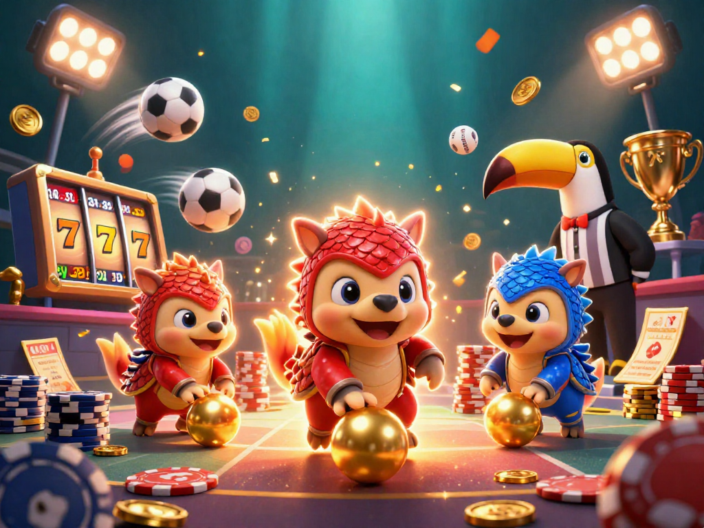 LIGALGO brings excitement with spinning slot reels and dynamic pangolin gamblers in vibrant action.