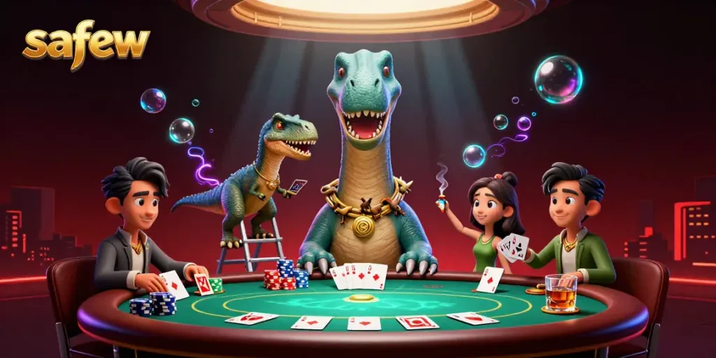 Experience the excitement of safew with a unique 3D illustration of a tall brontosaurus at a poker table.