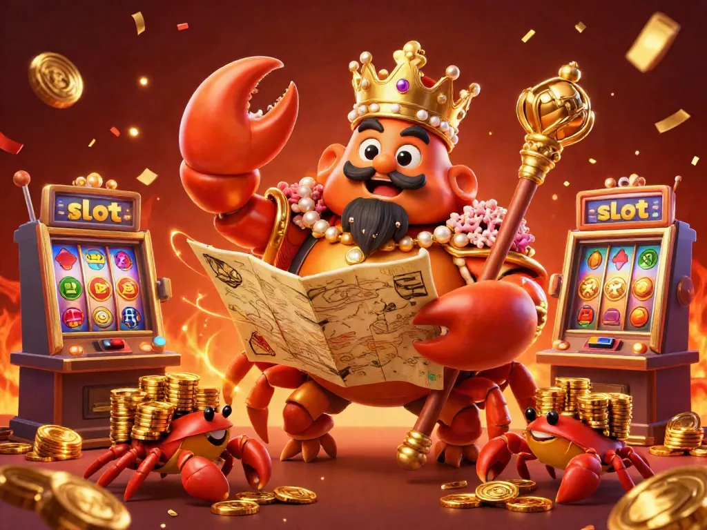 Spin the slot reels as a golden crab emperor oversees a carnival of slot action and treasures.