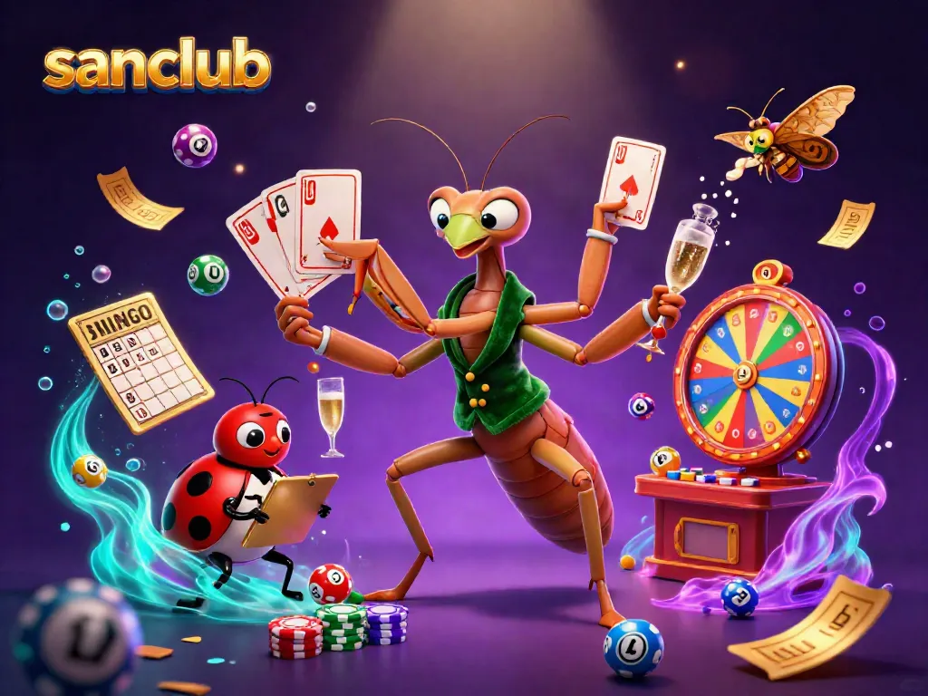 Engage with sanclub's dynamic casino scene brought to life with vibrant characters and lively game elements.