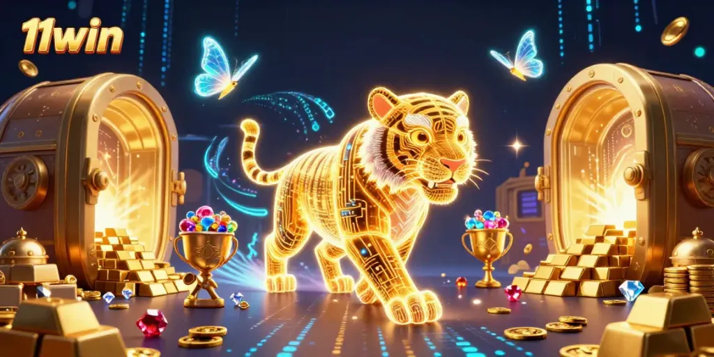 Experience the exciting world of 11win with vibrant casino elements and a stunning golden tiger.