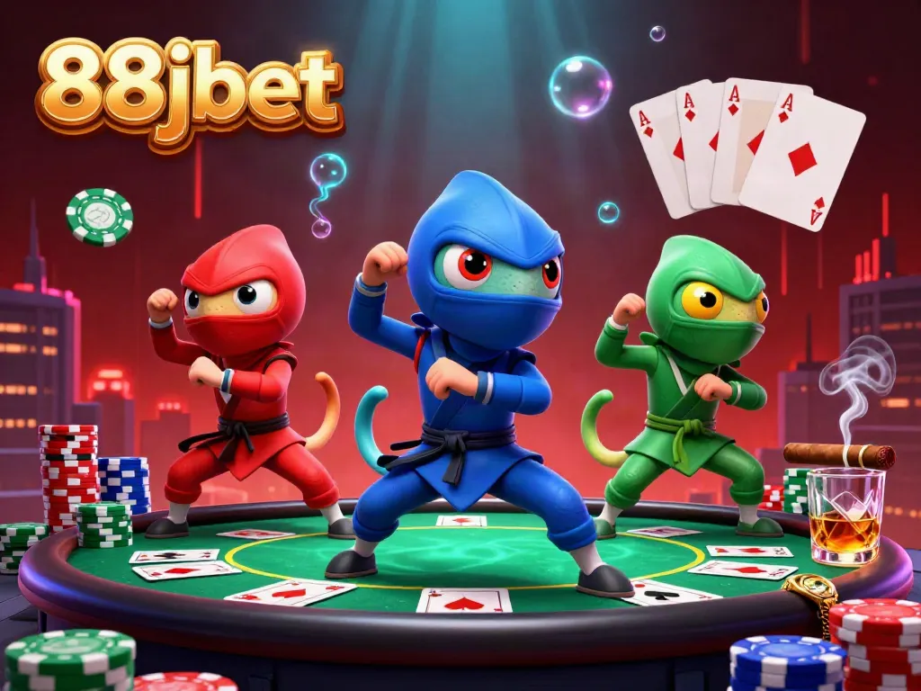 Engaging scene depicting 88jbet with colorful ninja chameleons performing martial arts among poker elements.