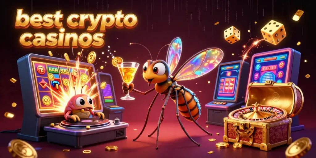 Spin and win at the best crypto casinos with a dynamic casino scene featuring lively characters and games.