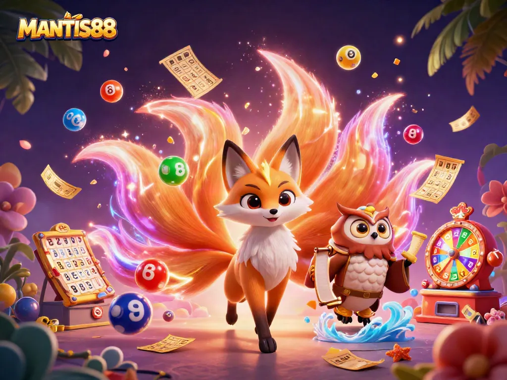 Engage with MANTIS88's vibrant gaming elements, featuring a nine-tailed fox and colorful casino motifs.