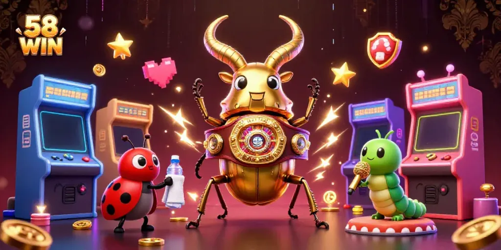 58 WIN giant golden stag beetle boxing in a vibrant casino-themed 3D scene.