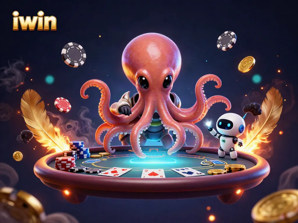 iwin gaming with an alien octopus at a holographic poker table, surrounded by exciting casino elements