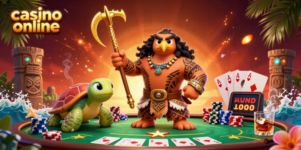 Juega en casino online con un hawaiiano, tortuga y elementos de póker vibrantes.