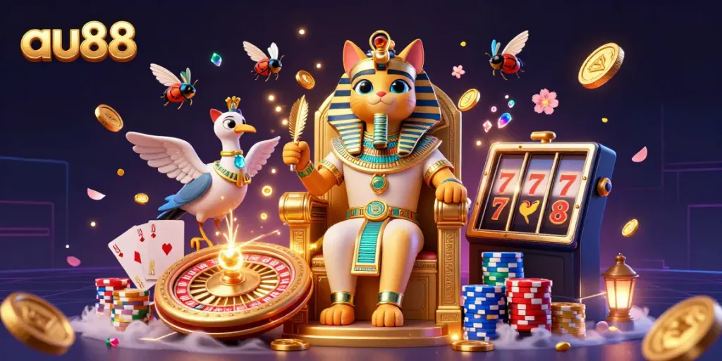 Enjoy thrilling gaming adventures at au88 with a vibrant scene featuring a pharaoh cat and treasures.