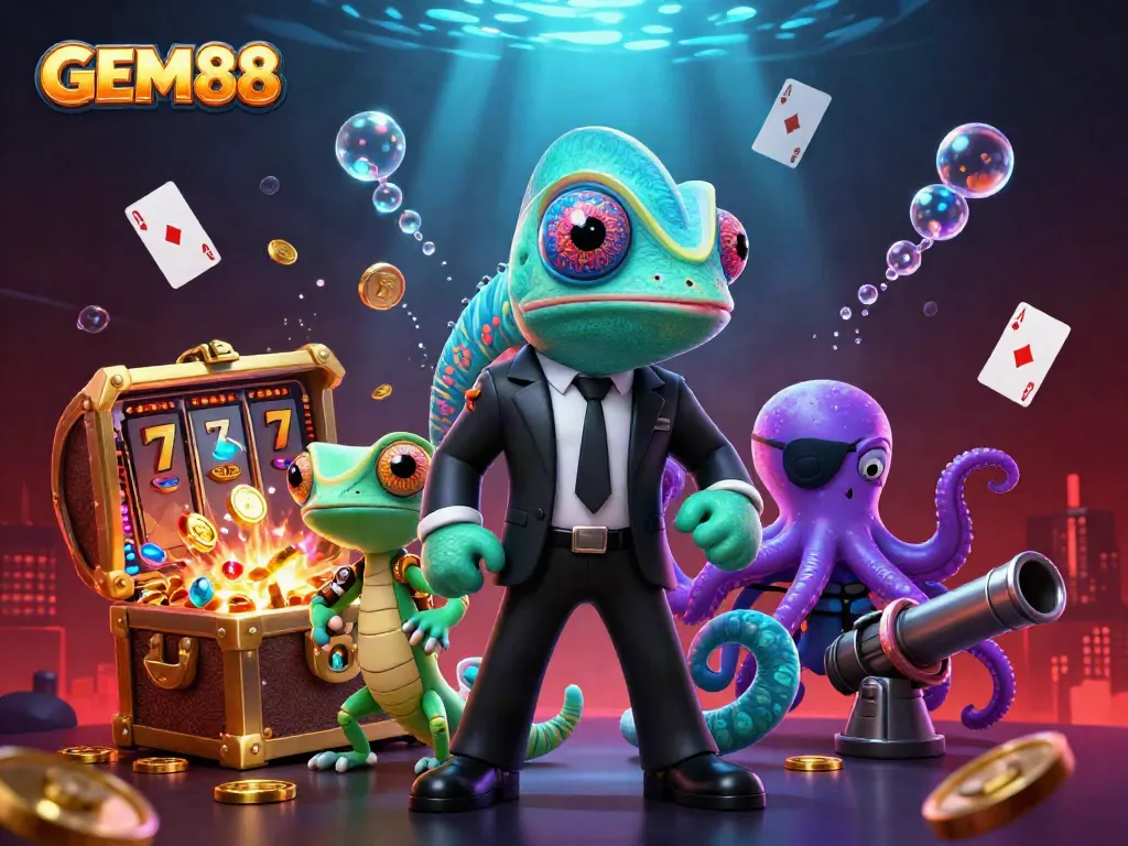 GEM88 chameleon secret agent amidst a dazzling scene of slots, treasures, and playful casino elements.