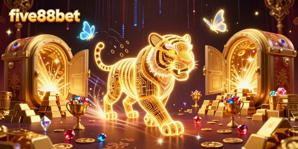 Experience the dynamic casino world of five88bet with a neon golden tiger and treasure elements.