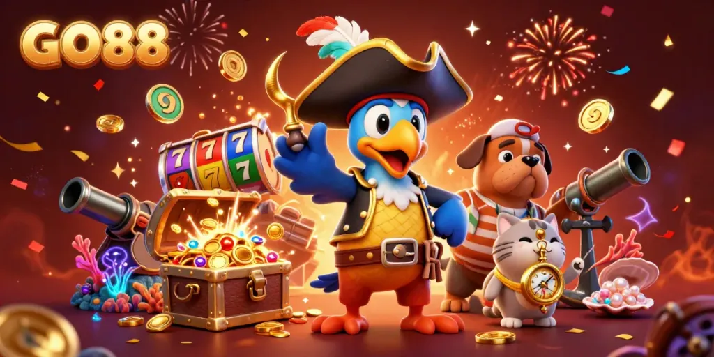 Experience the excitement of GO88 with vibrant gaming characters and underwater treasures.