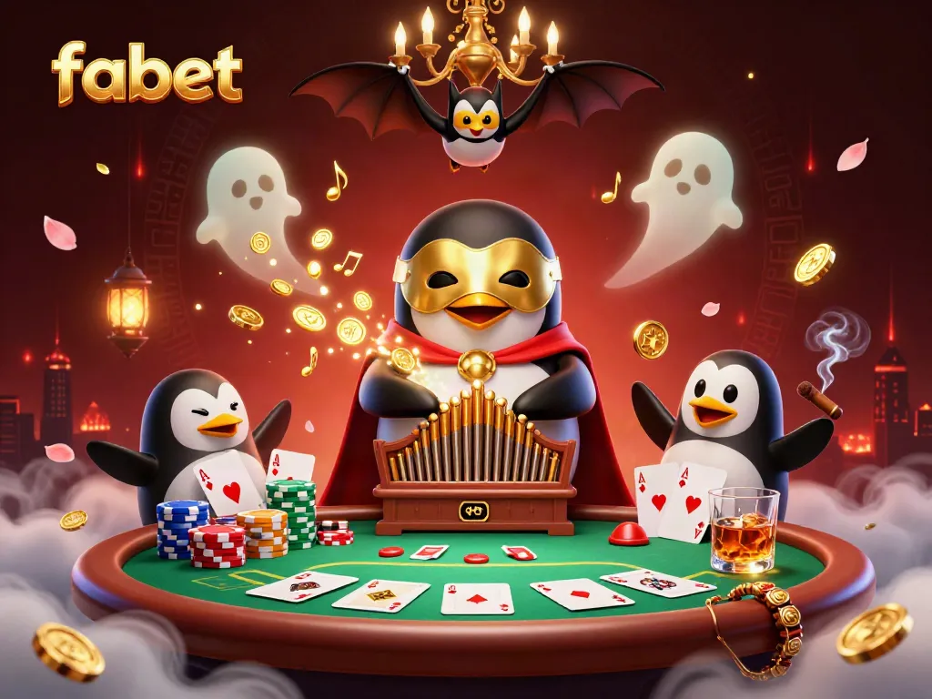 Experience gaming excitement with fabet as a penguin organist showering coins, surrounded by poker elements.
