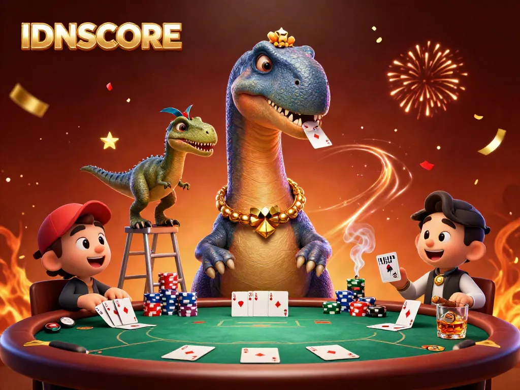 Experience IDNSCORE gaming with a towering brontosaurus and a clever raptor at a vibrant poker table.