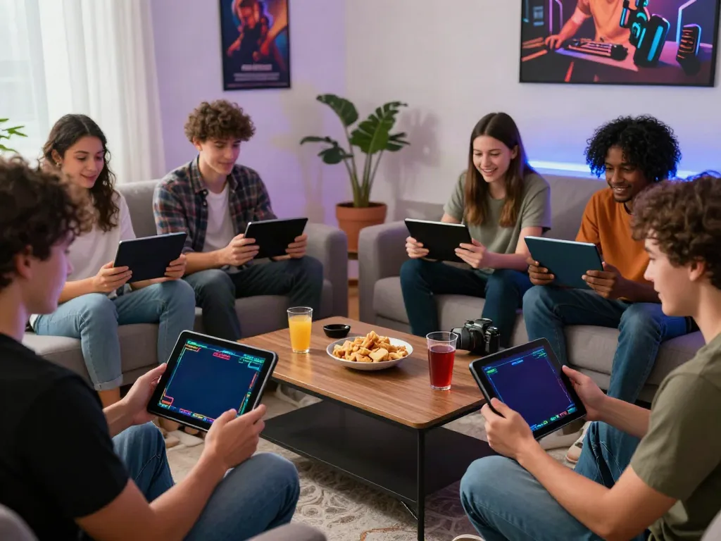 Excited friends gaming together on mobile devices at home in a vibrant online casino atmosphere featuring five88.