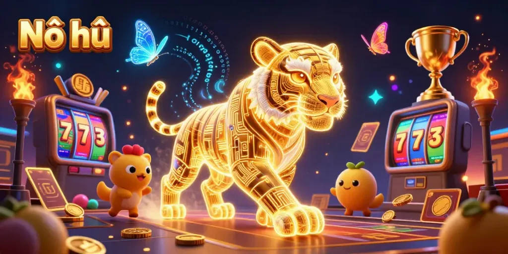 Experience Nổ hũ excitement with a neon golden tiger and jackpot symbols in a vibrant casino