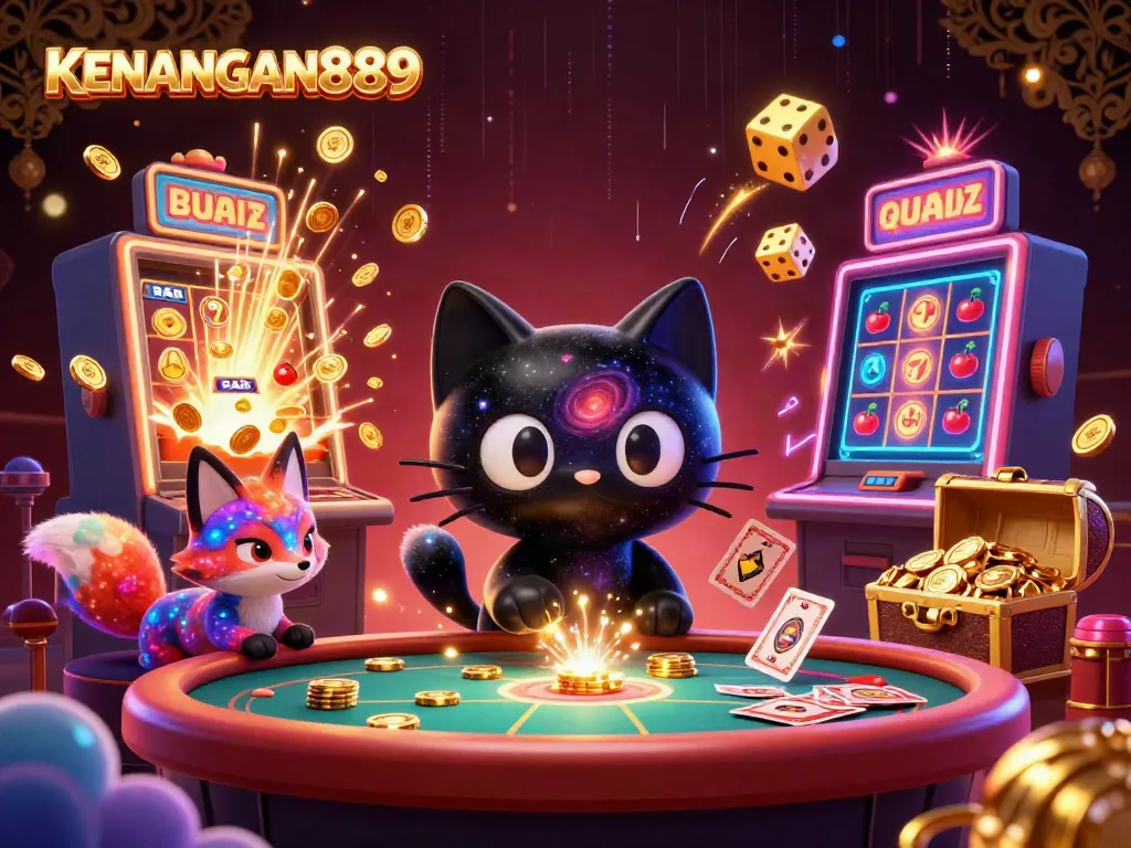 Experience the excitement of KENANGAN889 at a cosmic casino with vibrant illustrations of games and characters.