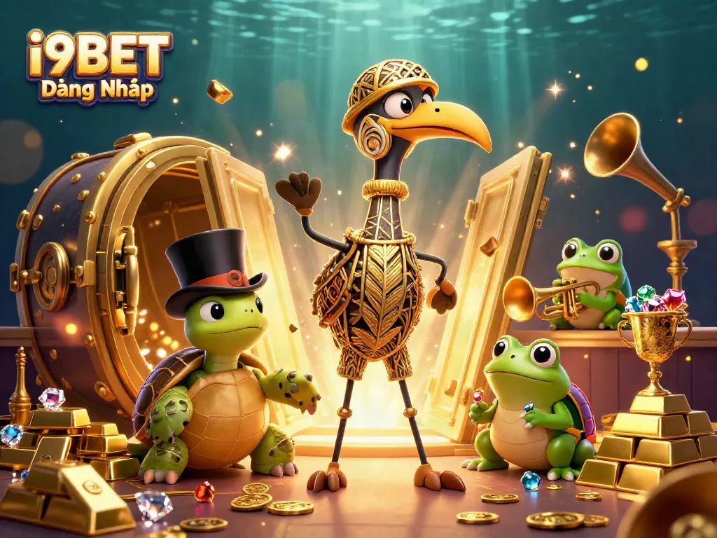 Immerse in the vibrant world of i9BET Đăng Nhập with lively 3D characters amidst dynamic casino treasures.