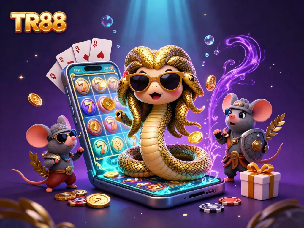 Spin the reels with TR88 in this vibrant casino-themed scene featuring Medusa and a warrior mouse.