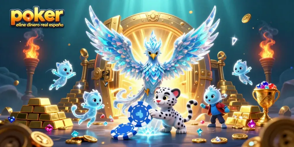 Disfruta del póker online por dinero real en España, una ilustración vibrante de personajes de casino y elementos de juego.