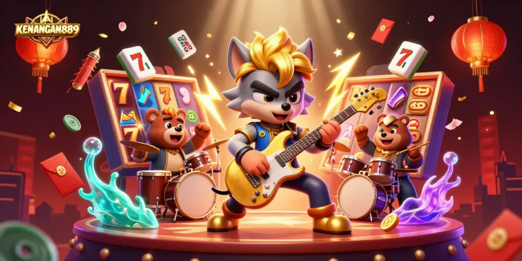 KENANGAN889 showcases a dynamic casino stage with vibrant slot reels, cartoon characters, and shimmering effects.