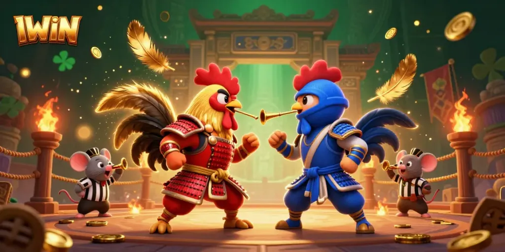 IWIN showcases an epic rooster combat scene in a dynamic casino-themed illustration.