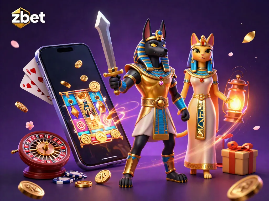 Engage with zbet's exciting casino world, featuring Anubis and Bastet amidst vibrant gaming elements.