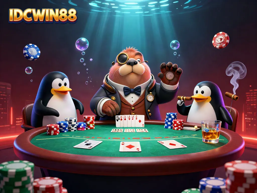 Engage with IDCWIN88 as a walrus, penguin dealer, and pufferfish immerse in a vibrant underwater poker game.