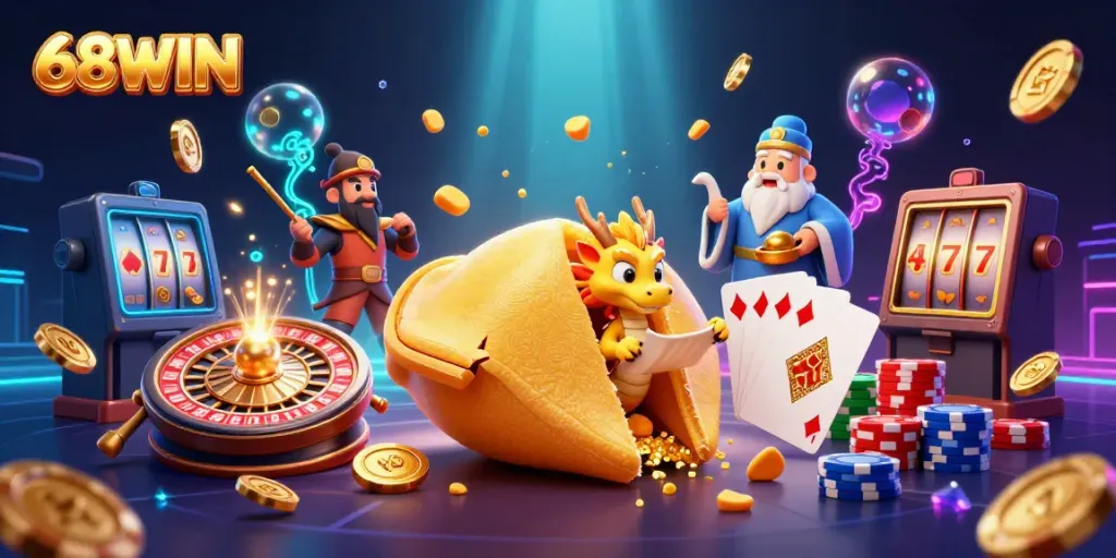 Engage with 68WIN's thrilling gaming atmosphere featuring a golden fortune cookie and dynamic casino elements.