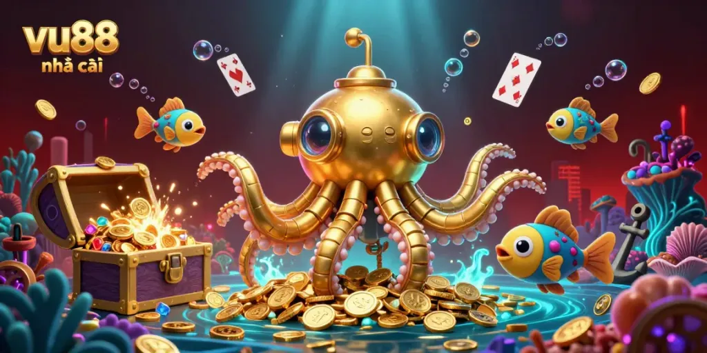 Experience the excitement of vu88 nhà cái with a golden kraken submarine and treasures in a vibrant underwater scene.