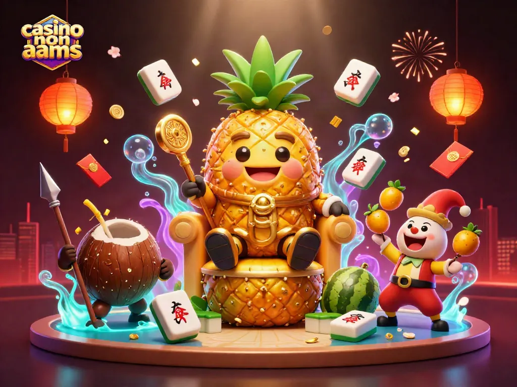 Gioca nei migliori casino non AAMS con un re ananas e guardie di cocco in un'illustrazione dinamica.