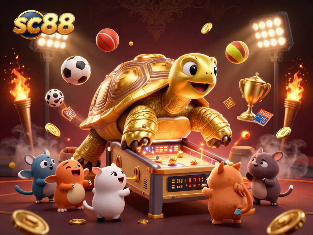 Experience thrilling gameplay with sc88 where a golden tortoise pinball machine interacts with lively sports elements.