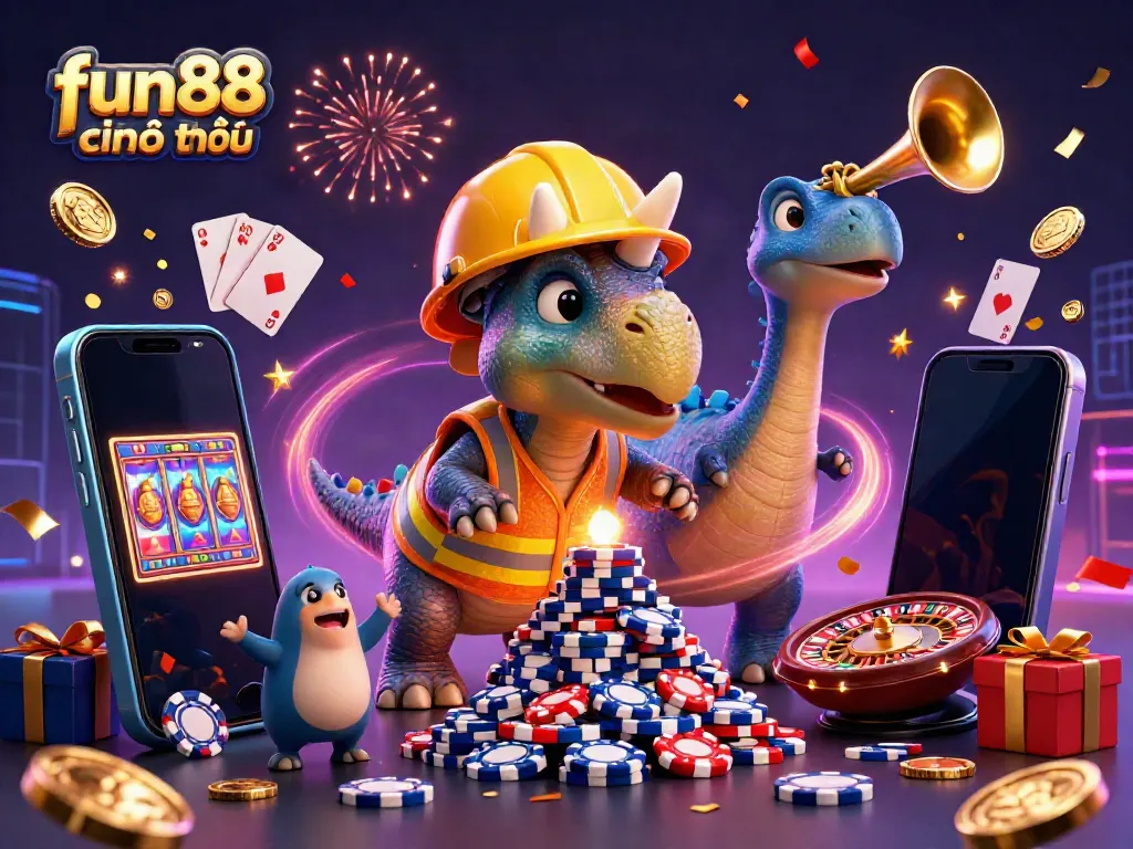 Experience fun88 chính thức with a dynamic 3D casino scene celebrating gaming excitement and rich action.