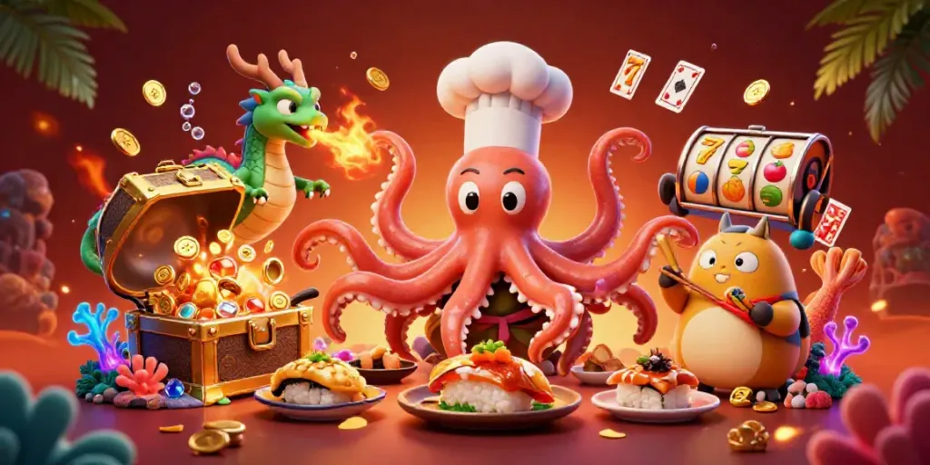 Engage with nohu's vibrant casino scene featuring a chef octopus and colorful gaming elements.