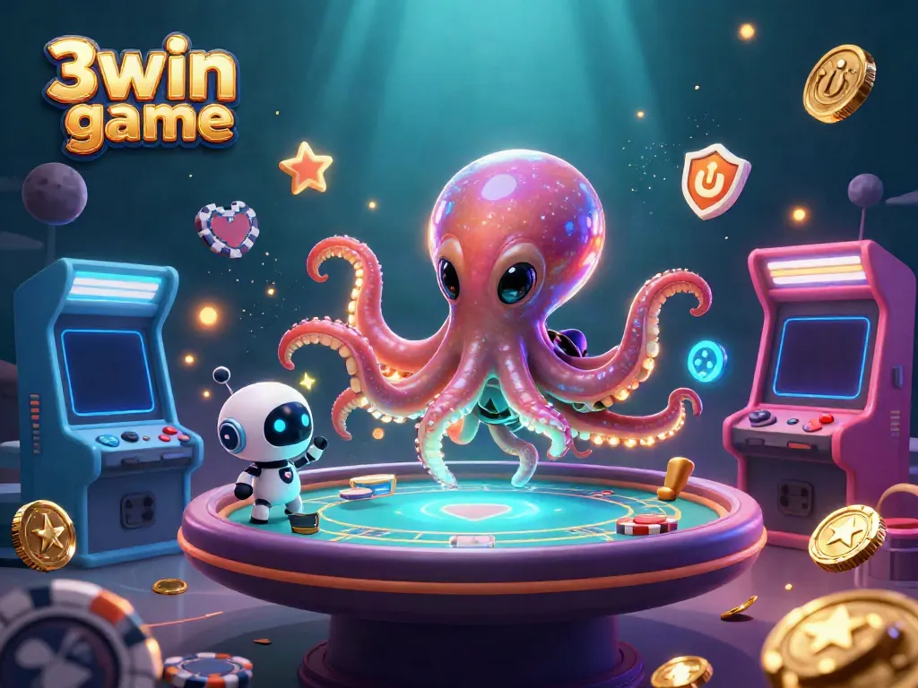 Engage with the thrilling 3win game as an alien octopus plays poker amidst vibrant arcade elements.