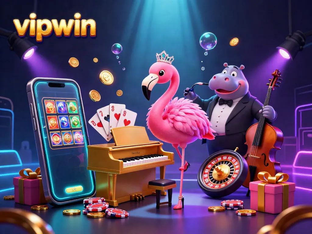 Experience the vibrant excitement of vipwin casino with cash prizes swirling around a flamingo lounge singer and hippo bassist.