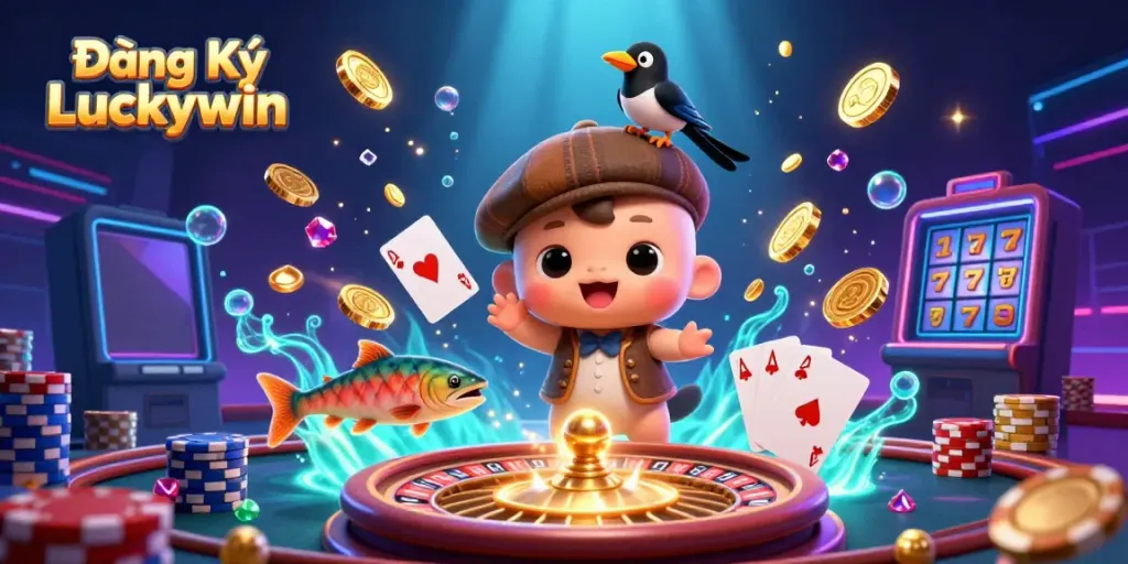 Engage in Đăng Ký Luckywin with a vibrant casino scene featuring cartoon characters and exciting game elements.
