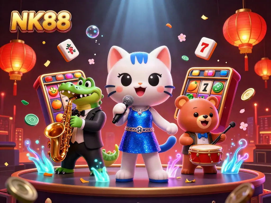 NK88 shows a vibrant casino scene with a jazzy cat, crocodile, and bear amidst slot machines
