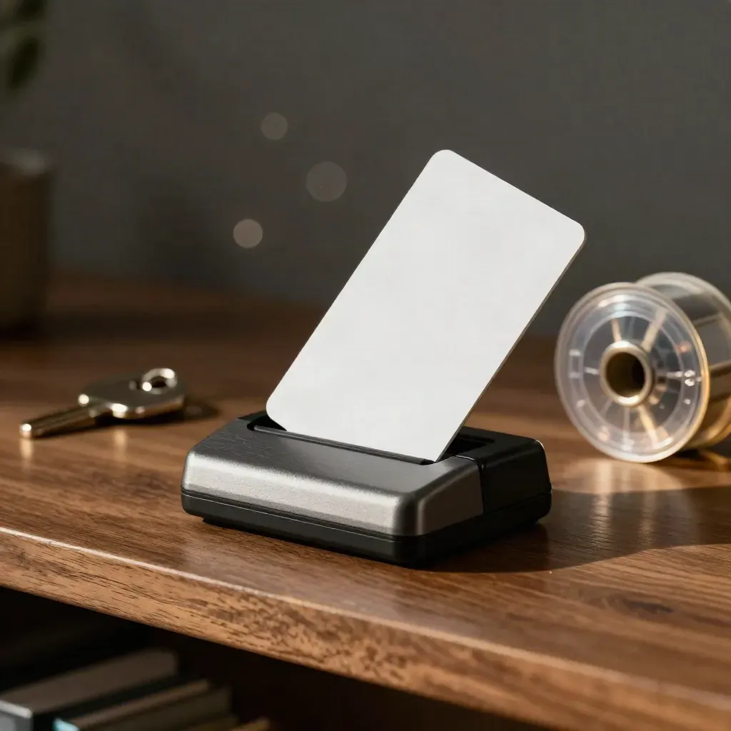 Access card tilting in a reader cradle beside security hardware on a dark studio surface.