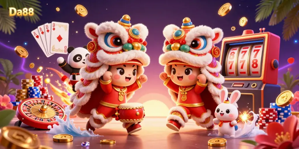 Experience exciting gaming at Da88 with a dynamic lion dance festival scene featuring colorful characters, vibrant gaming elements, and festive decorations.