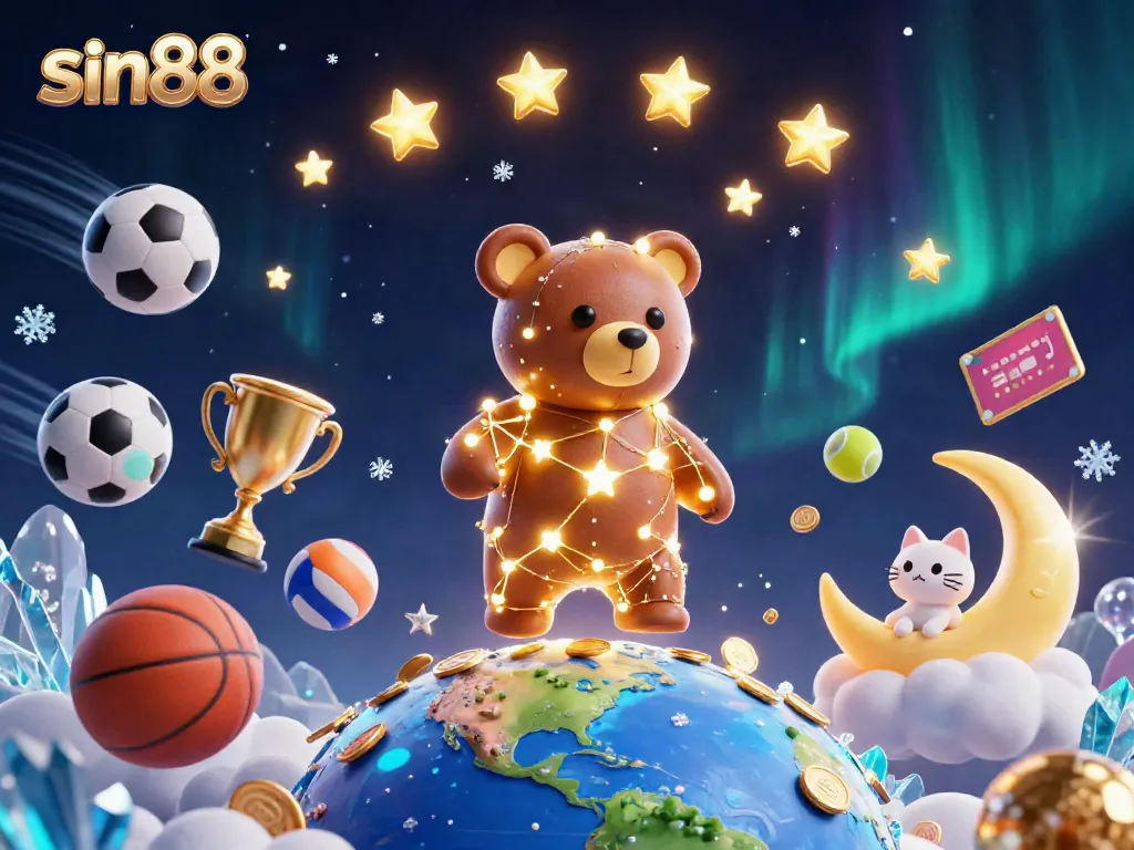 Experience the vibrant world of sin88 with a constellation bear collecting coins and sports elements.