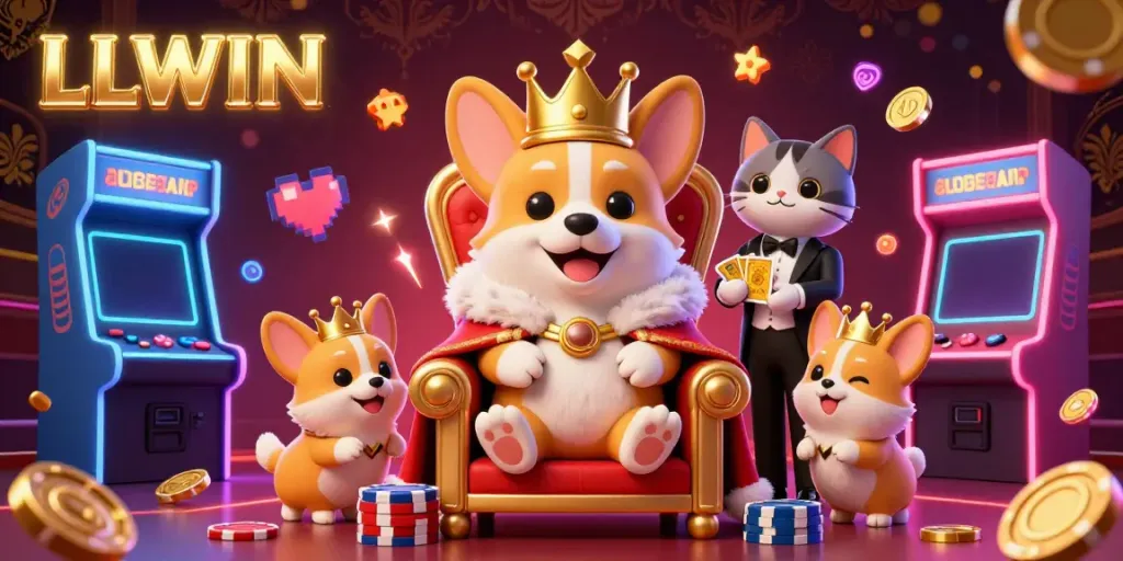 Engage in thrilling 3D LLWIN casino action with a royal corgi, vibrant game machines, and colorful tokens.