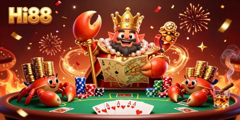 Engaging Hi88 gaming scene showcasing a golden crab emperor with casino elements like poker chips and cards.