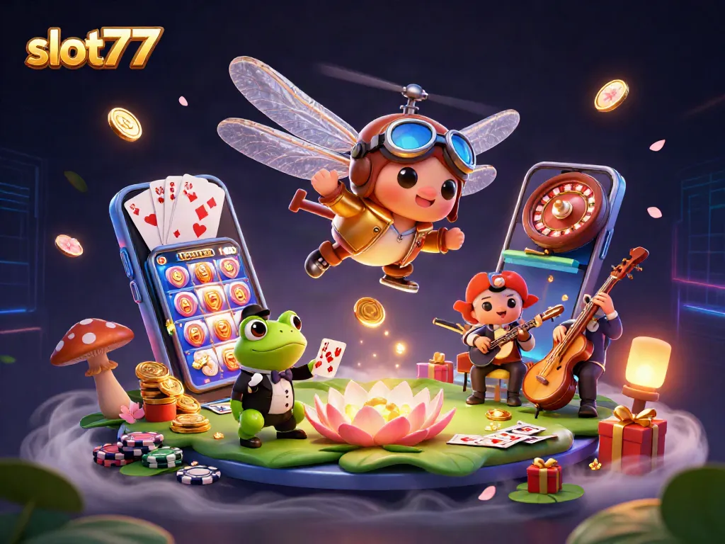 Menangkan slot777 dengan siklus permainan dinamis, kartu dan koin emas terbang di kasino lily pad.